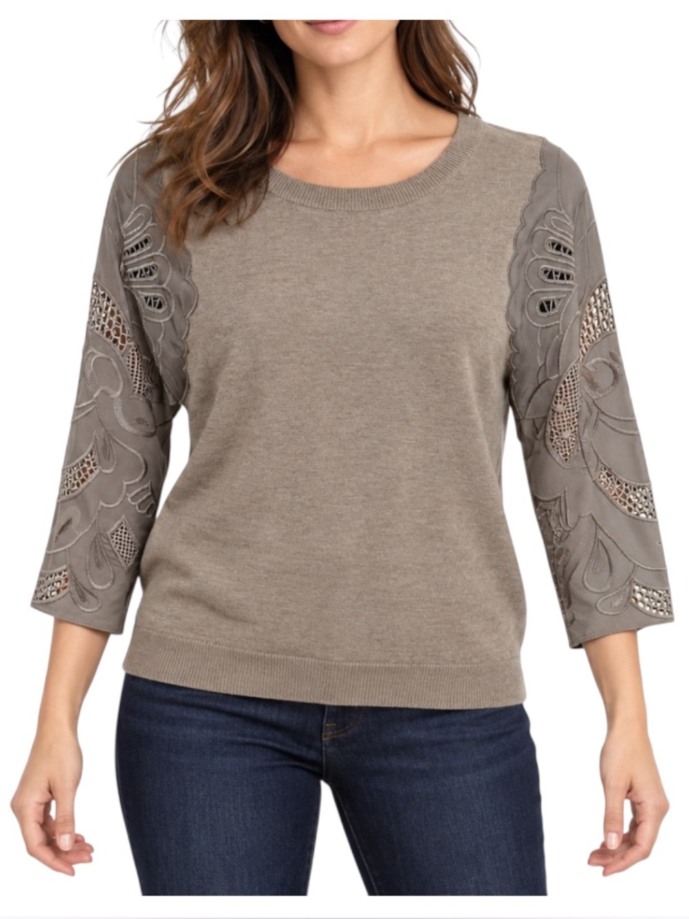 Anthropologie Knitted & Knotted Small Taupe Sweater Embroidered Cutout Sleeves